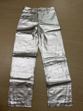 Metallic Silver Straight-Leg Pants